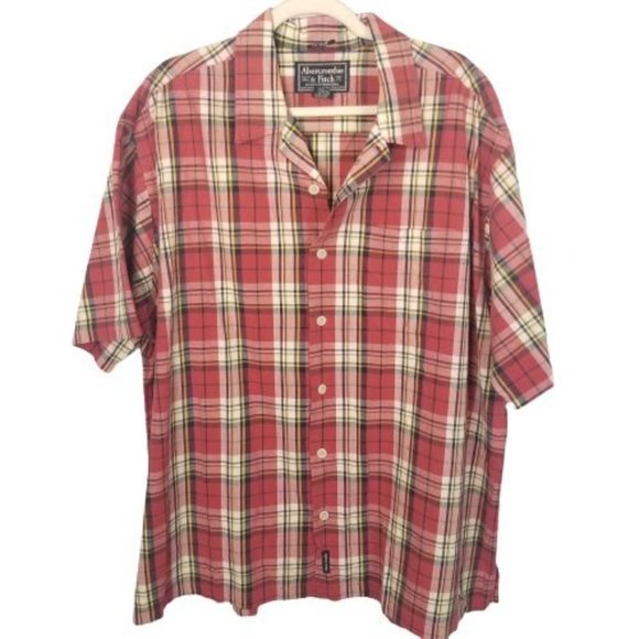 Abercrombie & Fitch Men's XL Red Plaid Button Front Short Sleeve Shirt Collared - Picture 1 of 6
